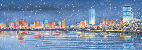 465x165 Boston Skyline Winter, Panoramic Massachusetts Bay Trading Company - Boston Skyline Watercolor