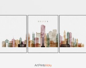 300x240 Boston Watercolor 1 Skyline Set Of 3 Prints Artprintsvicky - Boston Skyline Watercolor