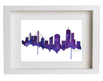 340x270 Watercolor Painting Print, Boston Skyline - Boston Skyline Watercolor