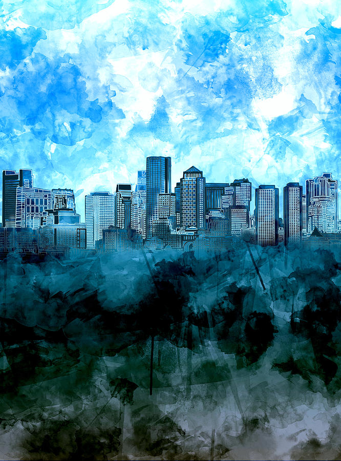 666x900 Boston Skyline Blue Watercolor Painting By Bekim Art - Boston Skyline Watercolor
