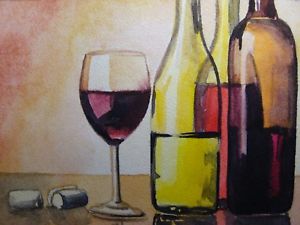 300x225 Watercolor Painting Red White Wine Glass Bottle Alcohol Drink Aceo - Bottle Watercolor