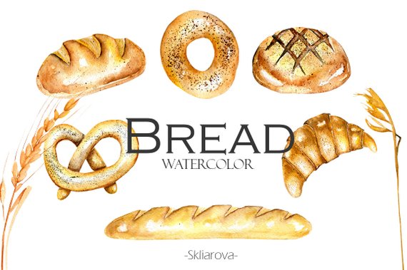570x379 Bread Watercolor Clipart Baking Watercolor Digital Bakery Etsy - Bread Watercolor