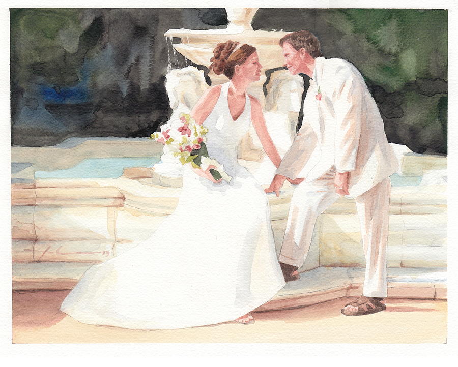 900x722 Bride Groom Fountain Watercolor Portrait Drawing By Mike Theuer - Bride And Groom Watercolor