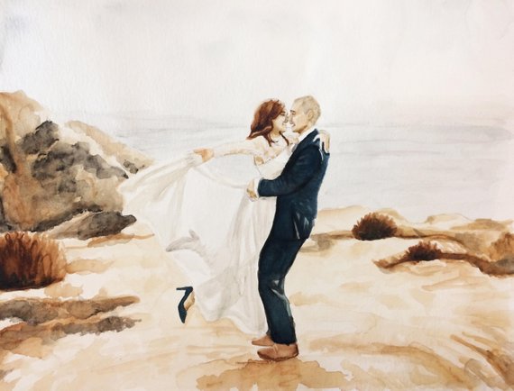 570x434 Bride And Groom Watercolor Painting Wedding Portrait Etsy - Bride And Groom Watercolor