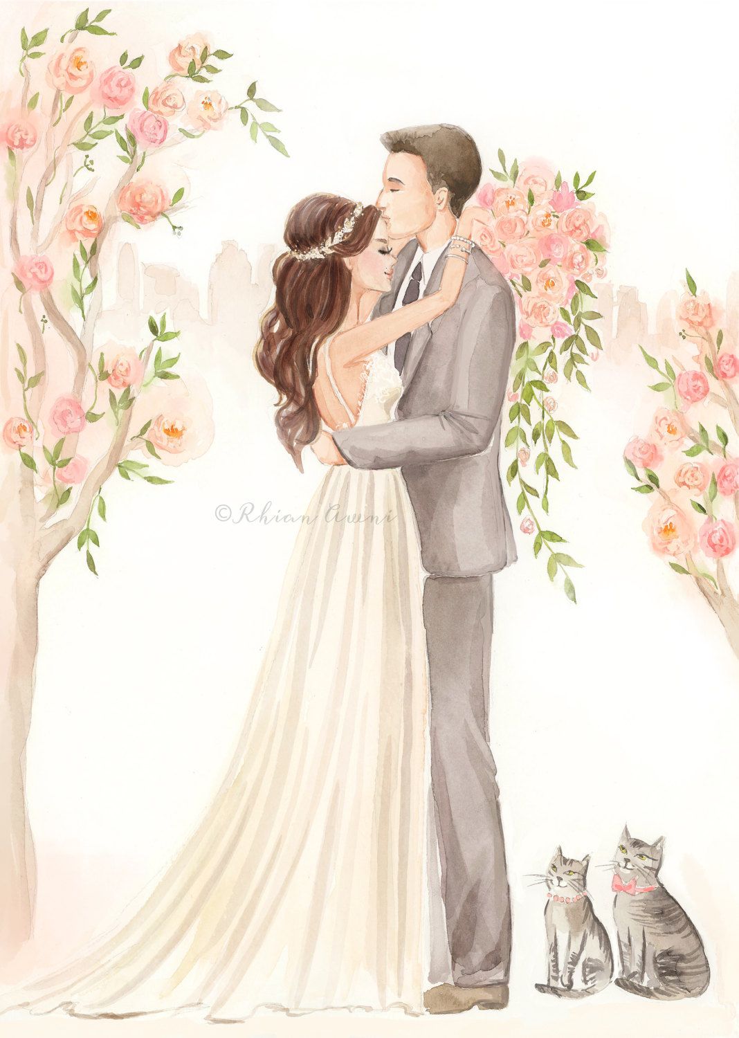 1068x1500 Custom Couple Portrait Illustration - Bride And Groom Watercolor