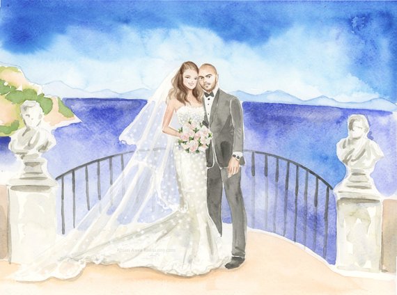 570x424 Custom Family Portrait Watercolor Sketchchildren Etsy - Bride And Groom Watercolor