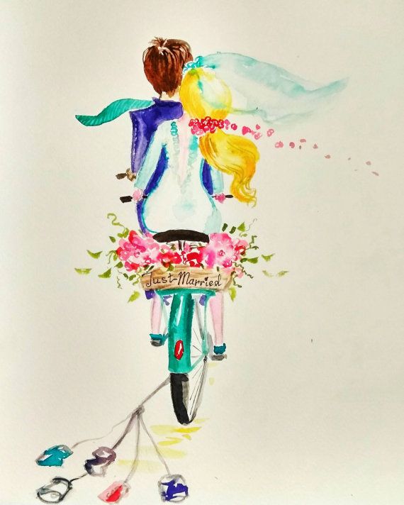 570x712 Just Married Original Watercolor Painting, Bicycle, Bike, Bride - Bride And Groom Watercolor