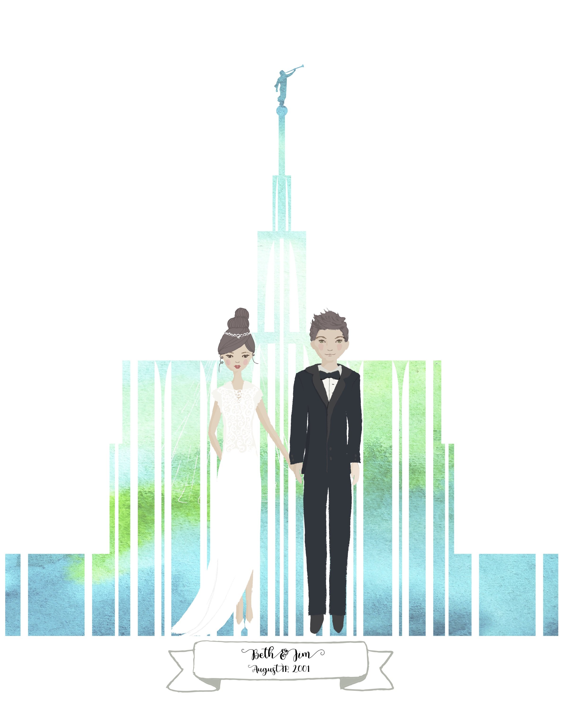 2400x3000 Watercolor Temple Wedding Portrait, Bride And Groom, Lds Wedding - Bride And Groom Watercolor