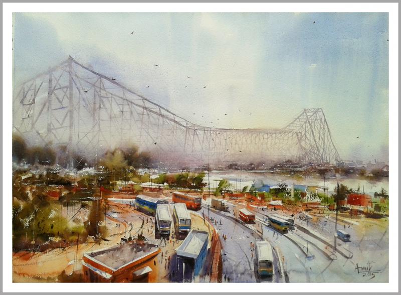 800x588 Howrah Bridge In Kolkata By Artist Amit Kapoor Cityscape Art - Bridge Watercolor