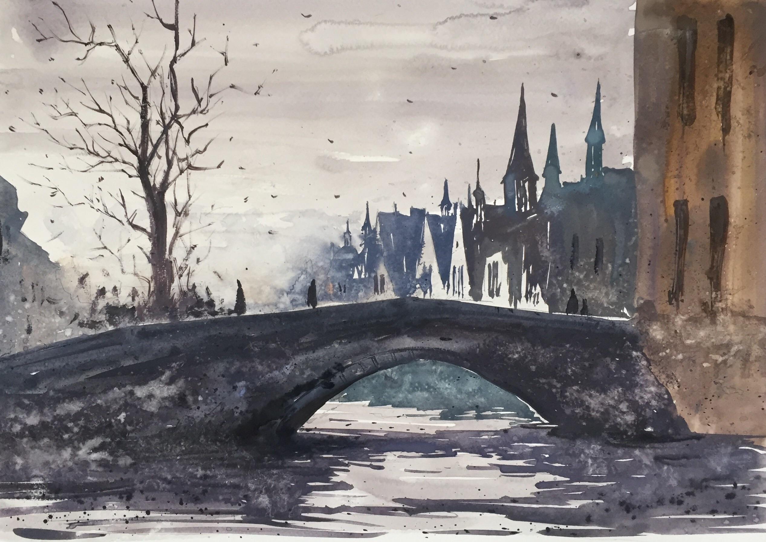 2534x1793 Old Bridge. Watercolor. 40x30cm. Art - Bridge Watercolor