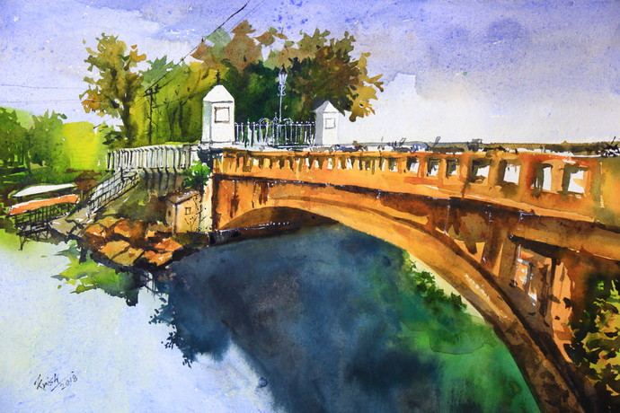 690x460 The Bridge By Artist Krishnendu Chatterjee Impressionism - Bridge Watercolor