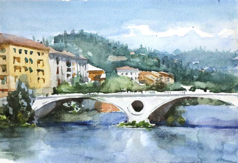770x529 The Bridge In Verona. Watercolor Painting By George Mamchur - Bridge Watercolor