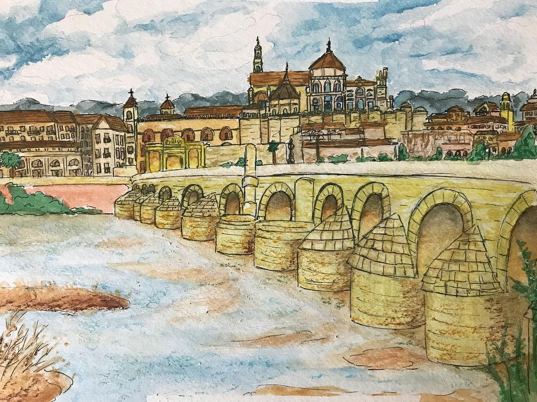 1080x809 Watercolor Urban City Painting - Bridge Watercolor