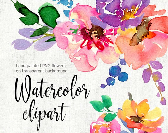570x452 Bright Watercolor Summer Flowers Leaves Branches Aquarelle Etsy - Bright Watercolor