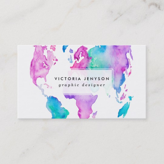 540x540 Modern World Map Globe Bright Watercolor Paint Business Card - Bright Watercolor
