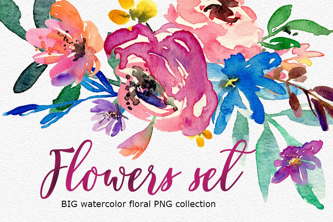 1158x772 Bright Watercolor Flowers Big Set - Bright Watercolor Flowers