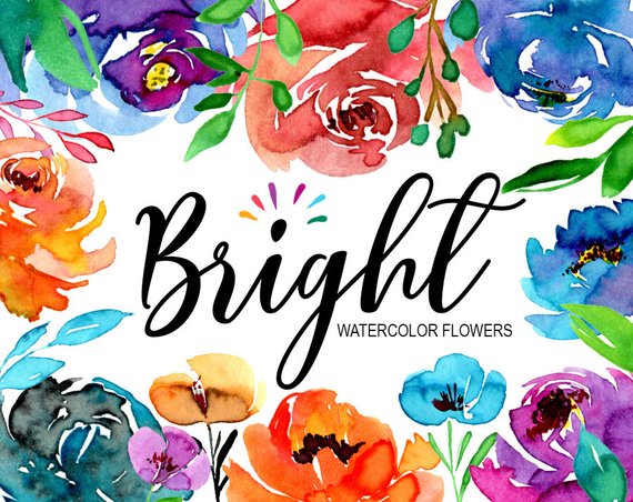 570x452 Bright Watercolor Flowers And Leaves Summer Clipart Floral Etsy - Bright Watercolor Flowers