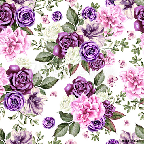 500x500 Bright Watercolor Flowers Seamless Pattern With Roses, Peony - Bright Watercolor Flowers