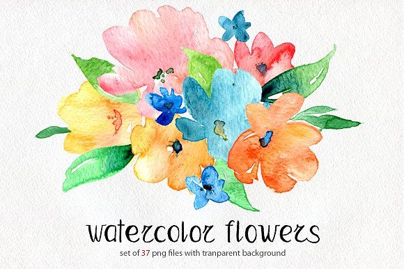 580x386 Bright Watercolor Flowers Set By Graphicsdish On @creativemarket - Bright Watercolor Flowers