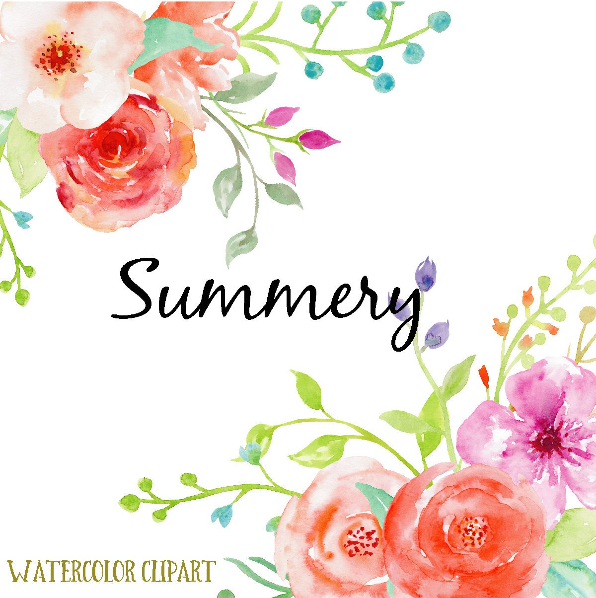 1200x1204 Watercolor Clipart Summery, Bright Summer Flowers, Orange And Red - Bright Watercolor Flowers