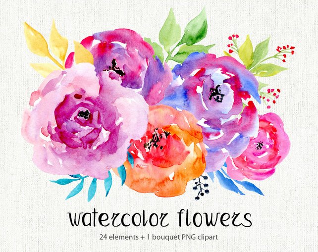 642x509 Watercolor Floral Clipart 24 Bright Branches Flowers Etsy - Bright Watercolor Flowers