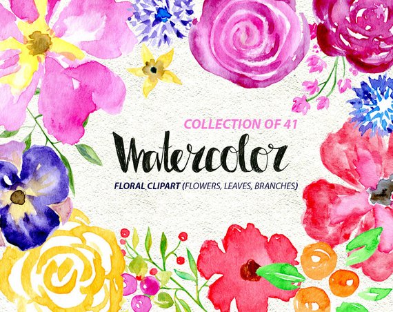 570x452 Watercolor Flower Clipart 41 Bright Branches Flowers And Etsy - Bright Watercolor Flowers
