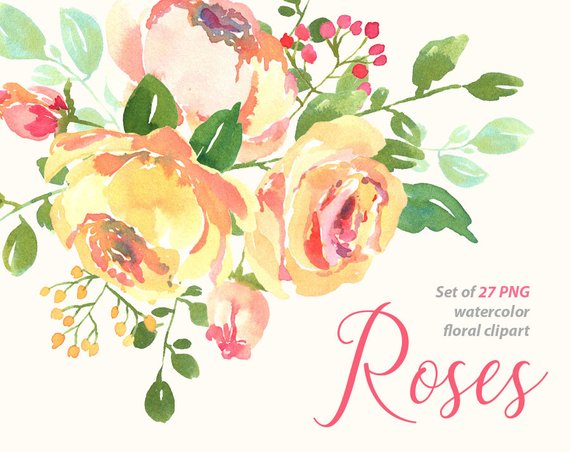 570x452 Watercolor Flowers Leaves Branches Digital Clip Art Bright Etsy - Bright Watercolor Flowers