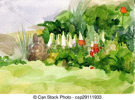 450x332 Watercolor Flowers. Watercolor Image Of A Bright Flower Bed . - Bright Watercolor Flowers