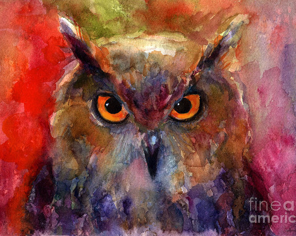 600x480 Bright Impressionist Owl Watercolor Painting Poster By Svetlana - Bright Watercolor Paint