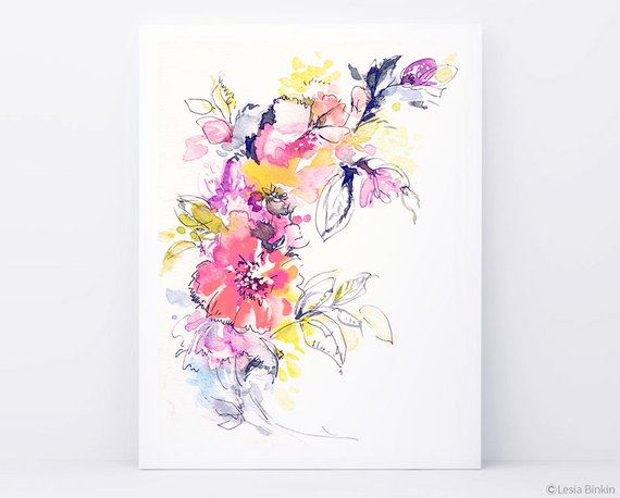 570x458 Bright Watercolor Flower Painting Abstract Floral Pink Red Etsy - Bright Watercolor Paint