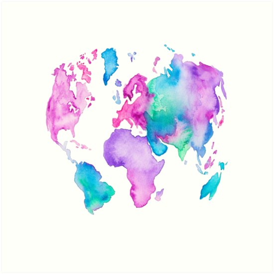 550x550 Modern World Map Globe Bright Watercolor Paint Art Prints By - Bright Watercolor Paint
