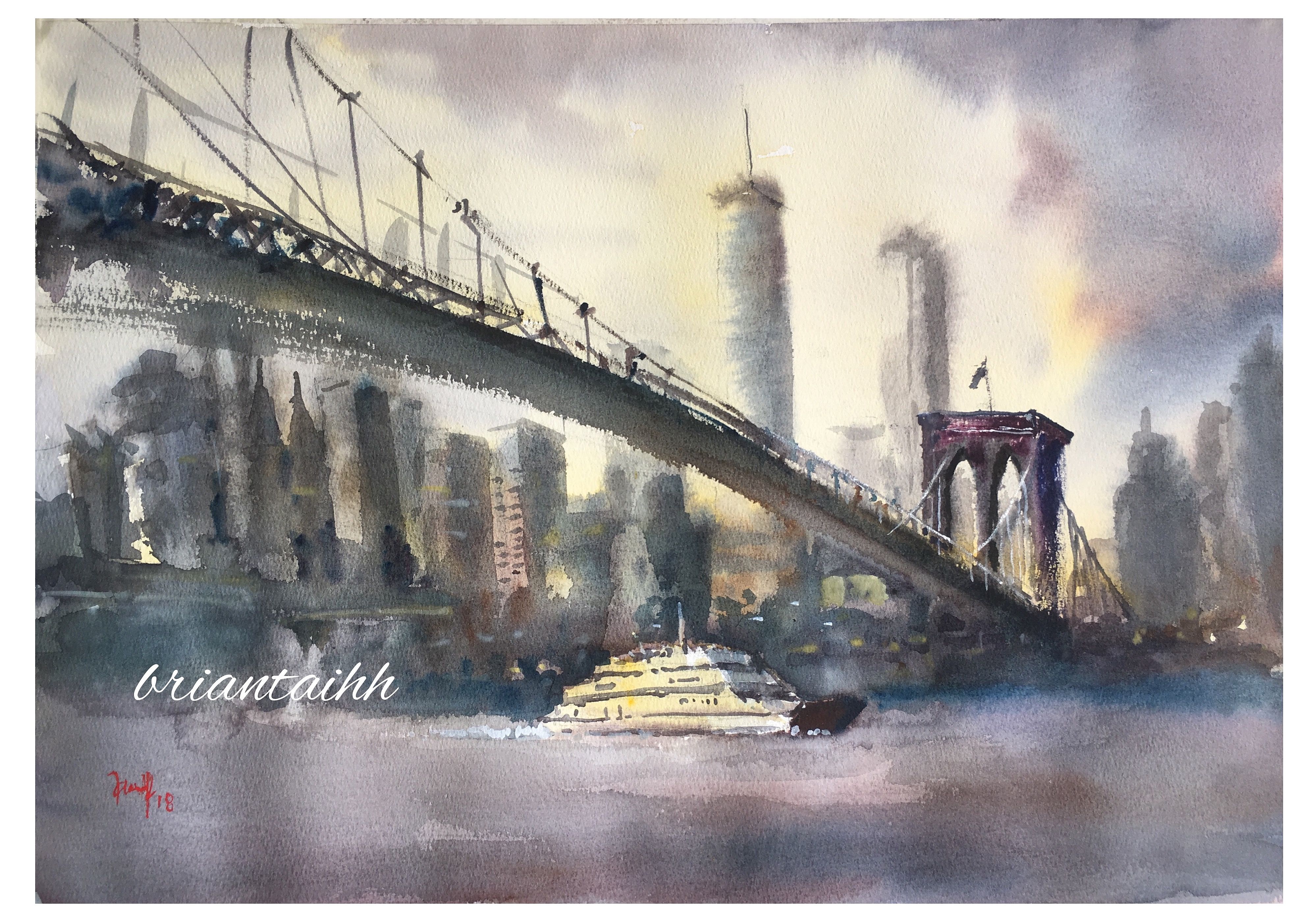 3997x2797 Brooklyn Bridge Watercolour By Brian Tai Art - Brooklyn Bridge Watercolor