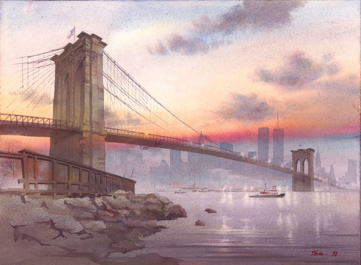 Бруклинский мост скетч акварель
