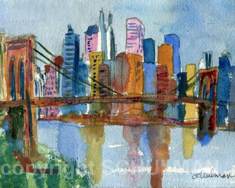 762x610 Nyc Skyline Brooklyn Bridge Watercolor Landscape Watercolor - Brooklyn Bridge Watercolor