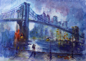300x214 Original Landscape Art, Watercolor,romance By Brooklyn Bridge Nyc - Brooklyn Bridge Watercolor