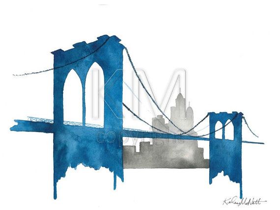 570x428 Original Watercolor Painting, Brooklyn Bridge In New York City For - Brooklyn Bridge Watercolor