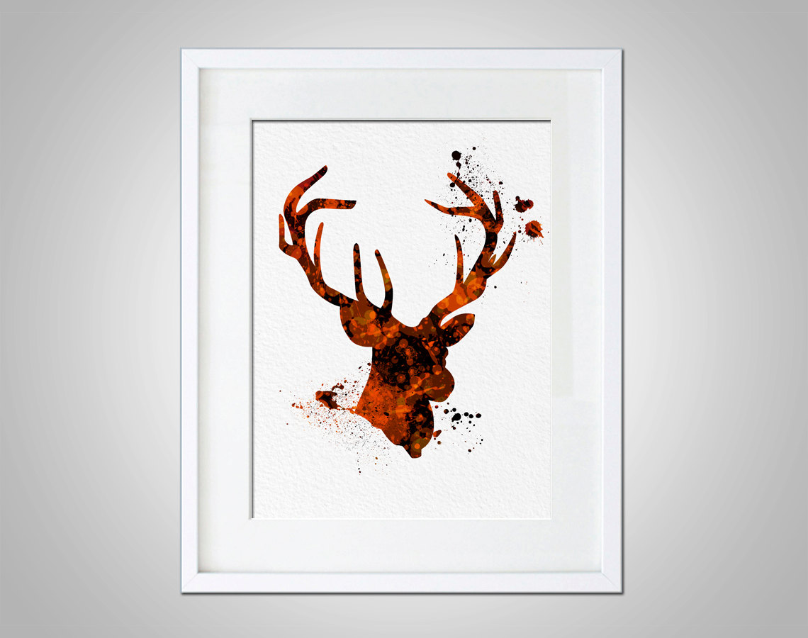 1140x900 Watercolor Art Print Deer Buck Woodland Animal Orange Black Modern - Buck Watercolor
