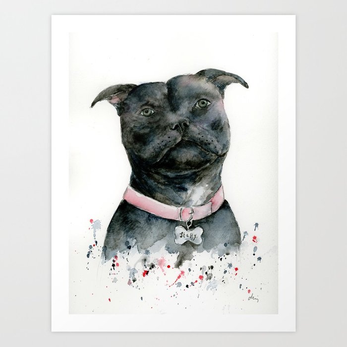 700x700 Watercolor Black Staffordshire Bull Terrier Dog Art Print By - Bull Terrier Watercolor