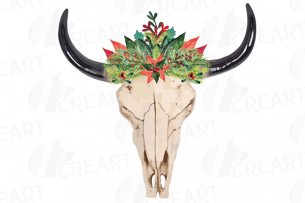 1200x800 Bull Skull With Watercolor Berries And Pine Tree Clip Art - Bull Watercolor