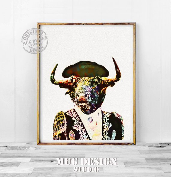 570x590 Bull Torreador Print Bull Watercolor Painting Bull Etsy - Bull Watercolor