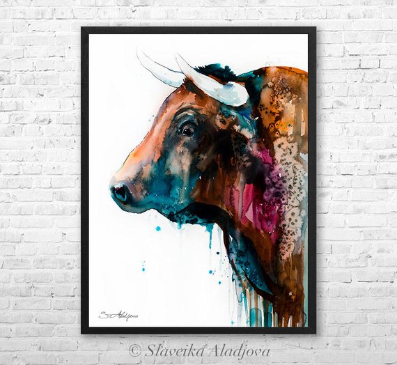 570x524 Bull Watercolor Framed Canvas By Slaveika Aladjova Limited - Bull Watercolor