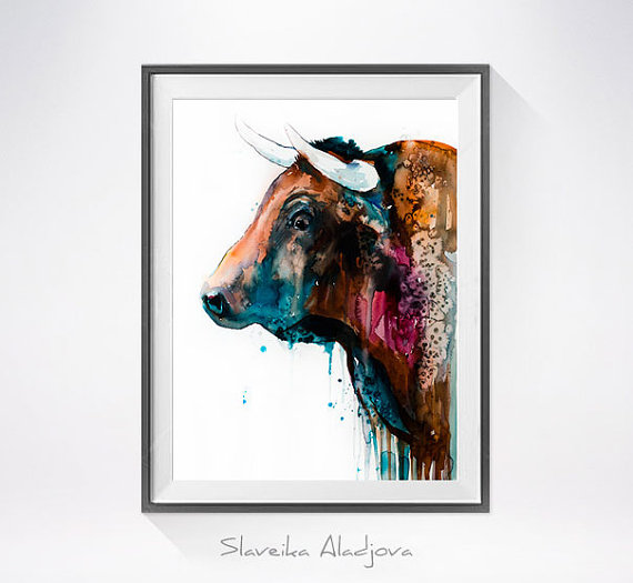 570x525 Bull Watercolor Painting Print - Bull Watercolor