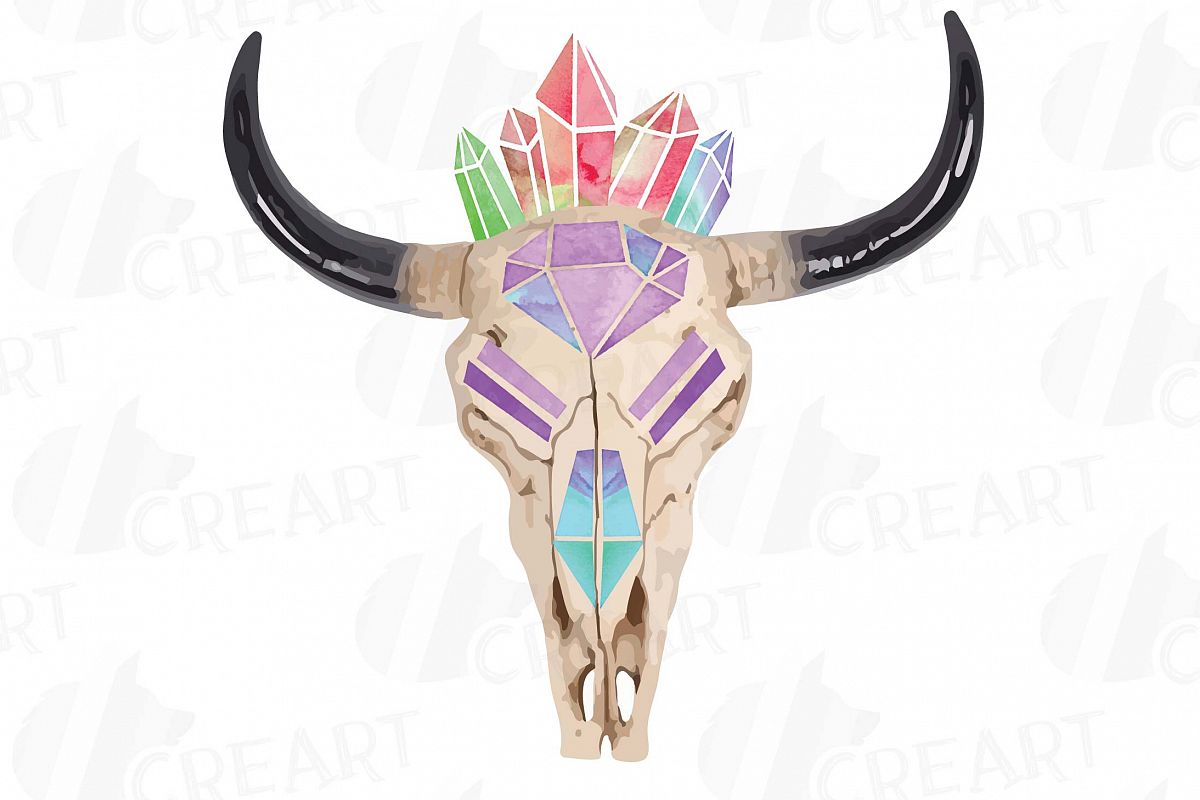 1200x800 Watercolor Crystal Bull Skull Clipart, Indian Tribal Skull - Bull Watercolor