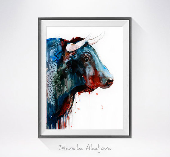 570x525 Bull 2 Watercolor Painting Print - Bull Watercolor