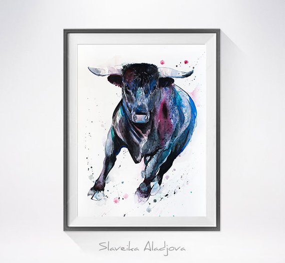 570x525 Bull 3 Watercolor Painting Print By Slaveika Aladjova Art - Bull Watercolor