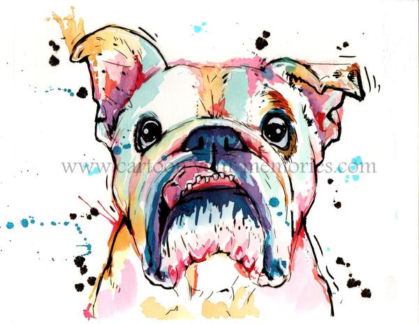 600x464 Mix Media Custom Pet Portrait Cartoon Your Memories - Bulldog Watercolor