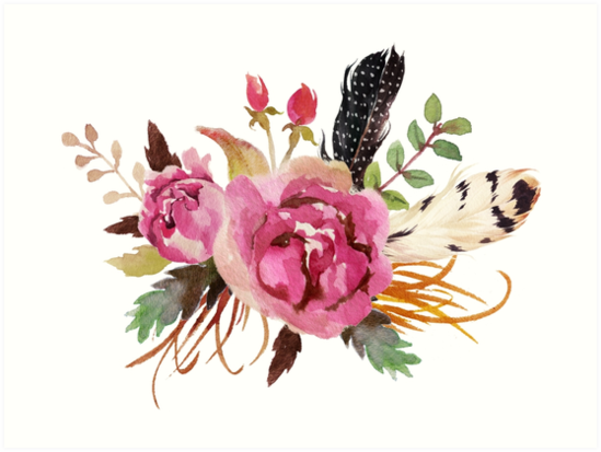 549x413 Burgundy Watercolor Flowers And Feathers Art Prints By - Burgundy Watercolor