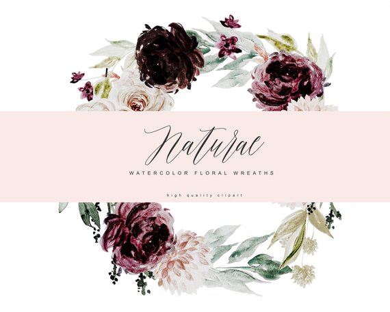 570x456 Burgundy And Blush Watercolor Clipart Burgundy Florals Etsy - Burgundy Watercolor