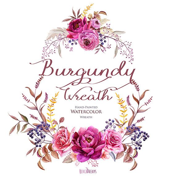 570x570 Watercolor Burgundy Wreath Flowers Hand Painted. Wedding Bouquet - Burgundy Watercolor