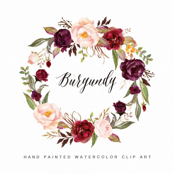 570x571 Watercolor Flower Wreath Clipart Burgundyhand Paintedwedding Etsy - Burgundy Watercolor